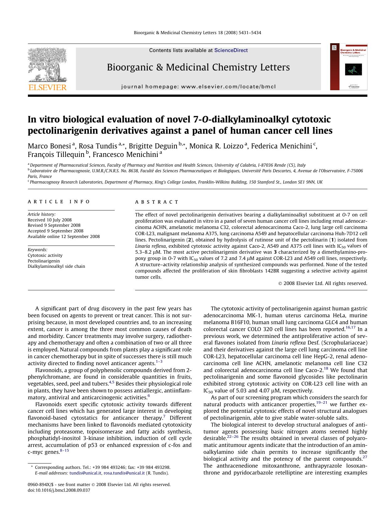 In vitro biological evaluation of novel 7-O-dialkylaminoalkyl cytotoxic pectolinarigenin derivatives against a panel of human cancer cell lines by unknow