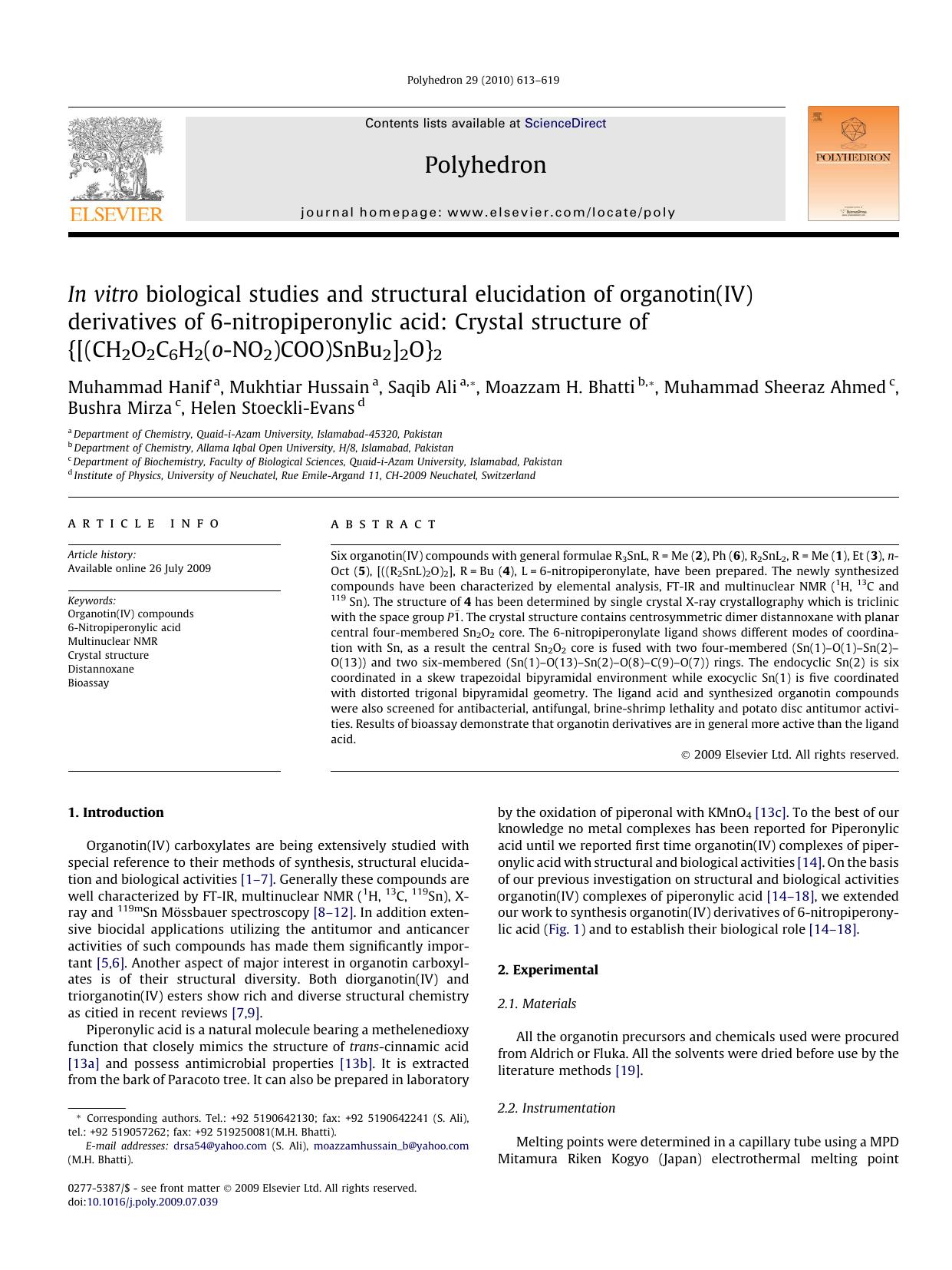 In vitro biological studies and structural elucidation of organotin(IV) derivatives of 6-nitropiperonylic acid: Crystal structure of {[(CH2O2C6H2(o-NO2)COO)SnBu2]2O}2 by unknow