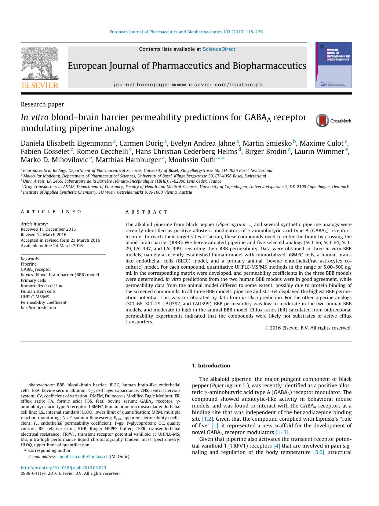 In vitro bloodÃ¢â¬âbrain barrier permeability predictions for GABAA receptor modulating piperine analogs by unknow