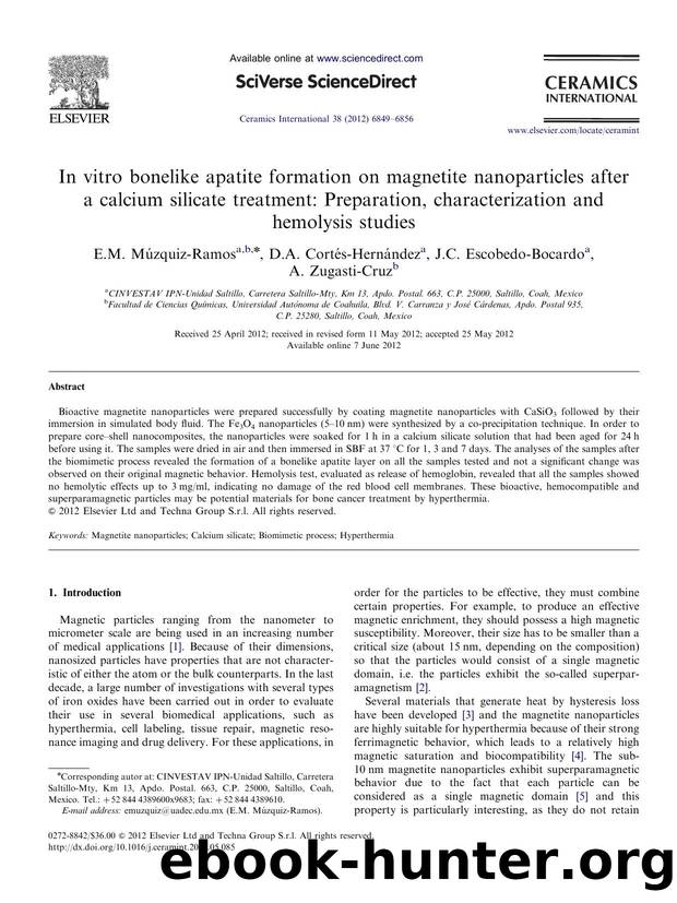 In vitro bonelike apatite formation on magnetite nanoparticles after a calcium silicate treatment Preparation, characterization and hemolysis studies by E.M. Múzquiz-Ramos & D.A. Cortés-Hernández & J.C. Escobedo-Bocardo & A. Zugasti-Cruz