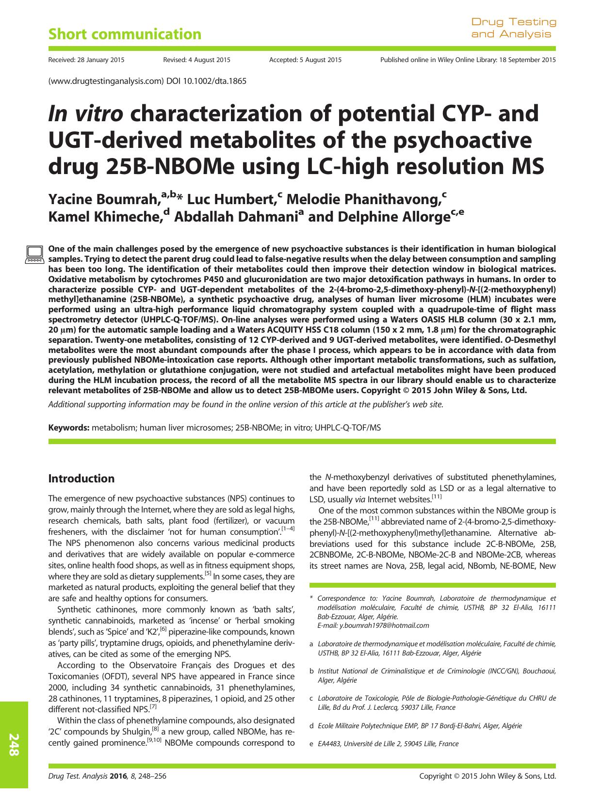 In vitro characterization of potential CYP- and UGT-derived metabolites of the psychoactive drug 25B-NBOMe using LC-high resolution MS by unknow