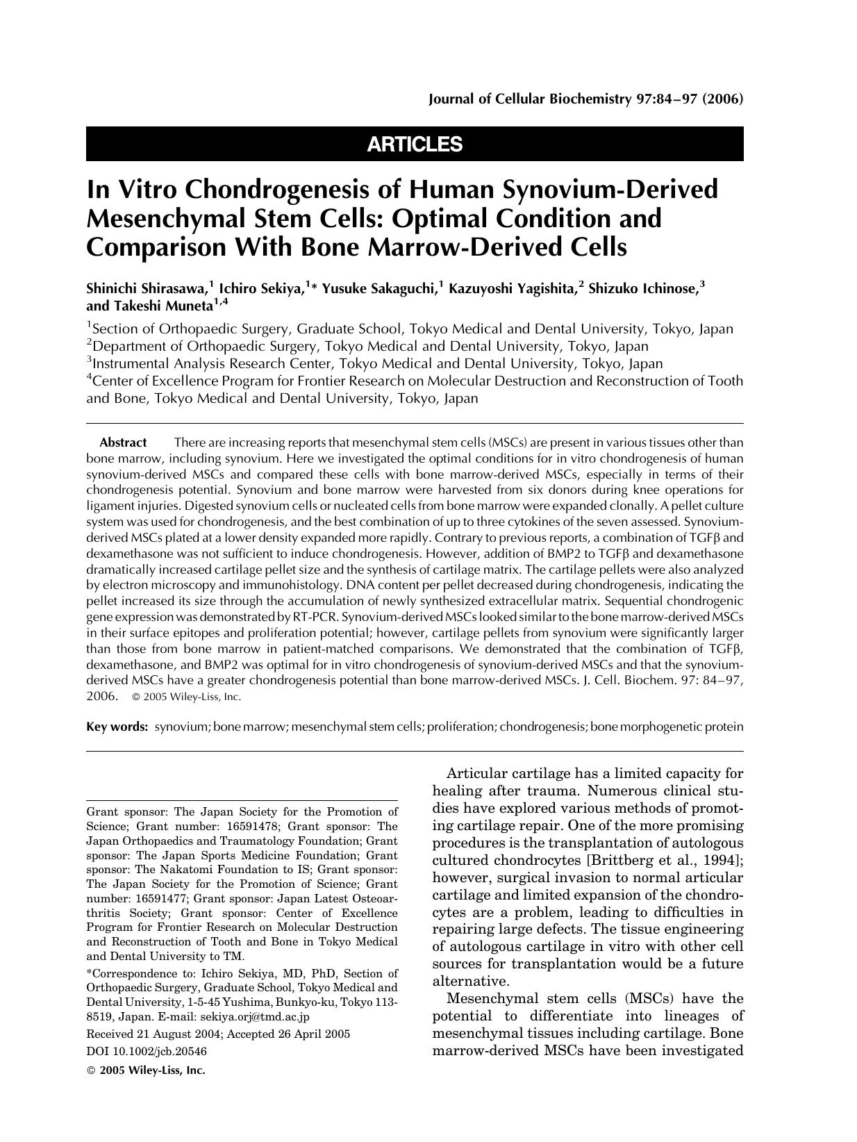 In vitro chondrogenesis of human synovium-derived mesenchymal stem cells: Optimal condition and comparison with bone marrow-derived cells by Unknown