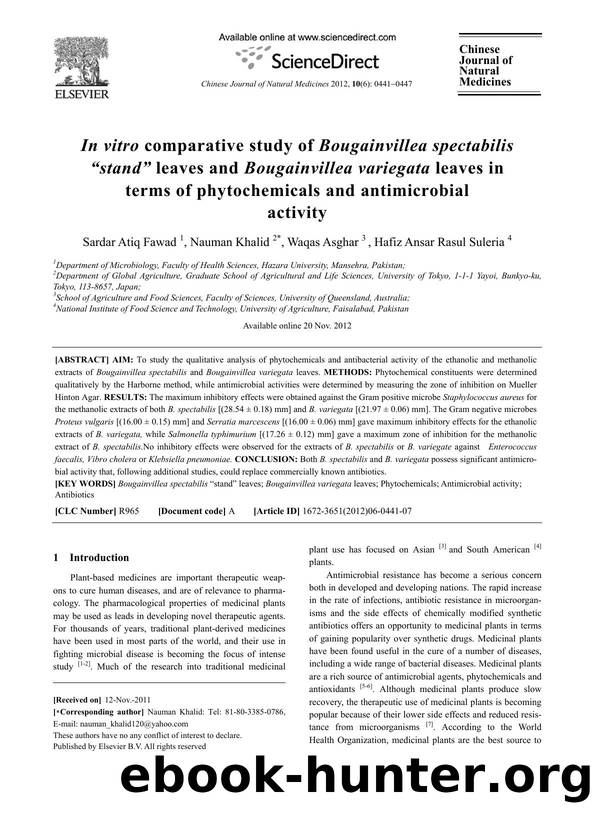 In vitro comparative study of Bougainvillea spectabilis âstandâ leaves and Bougainvillea variegata leaves in terms of phytochemicals and antimicrobial activity by Sardar Atiq Fawad & Nauman Khalid & Waqas Asghar & Hafiz Ansar Rasul Suleria