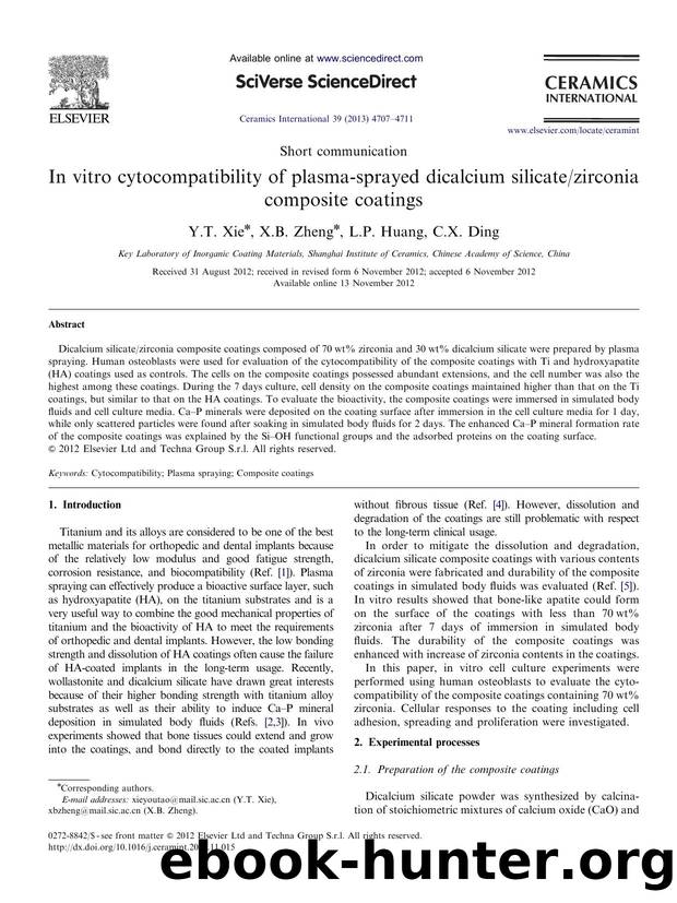 In vitro cytocompatibility of plasma-sprayed dicalcium silicatezirconia composite coatings by Y.T. Xie & X.B. Zheng & L.P. Huang & C.X. Ding