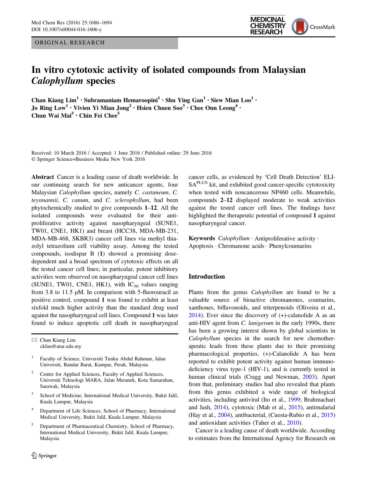 In vitro cytotoxic activity of isolated compounds from Malaysian Calophyllum species by unknow