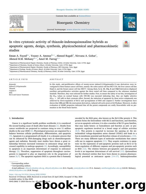 In vitro cytotoxic activity of thiazole-indenoquinoxaline hybrids as apoptotic agents, design, synthesis, physicochemical and pharmacokinetic studies by unknow