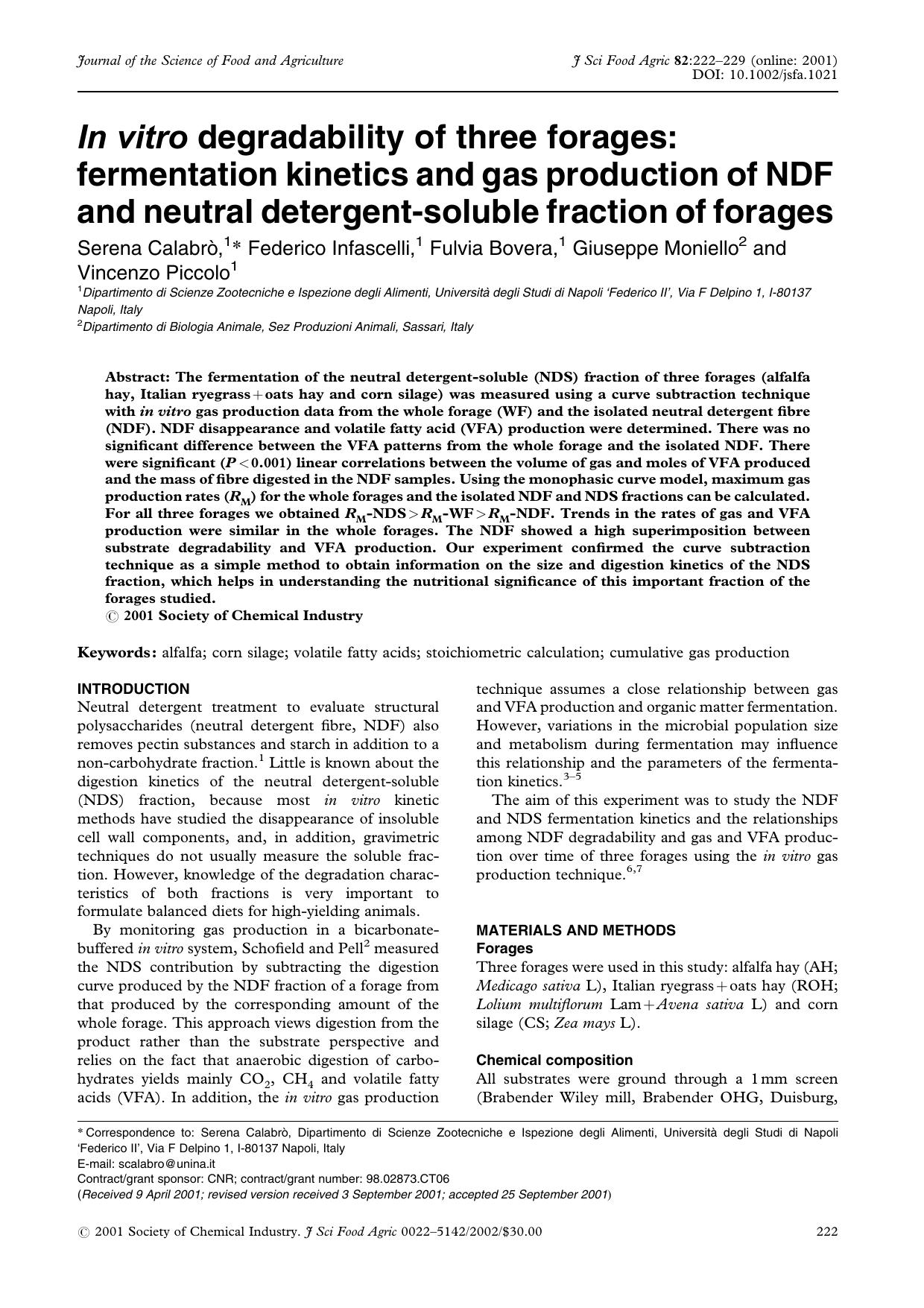 In vitro degradability of three forages: fermentation kinetics and gas production of NDF and neutral detergent-soluble fraction of forages by Unknown