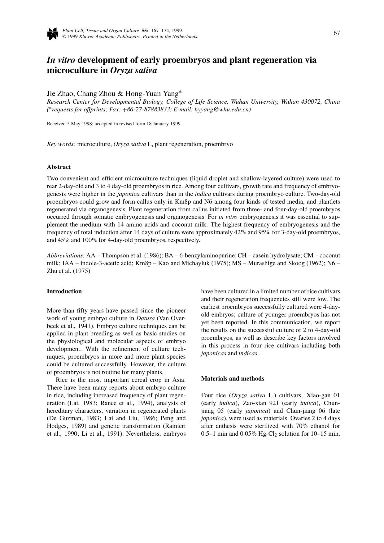 In vitro development of early proembryos and plant regeneration via microculture in Oryza sativa by Unknown