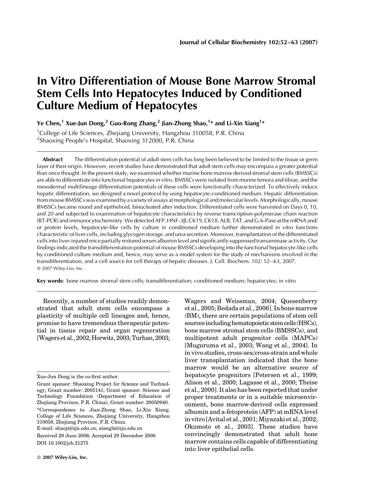 In vitro differentiation of mouse bone marrow stromal stem cells into hepatocytes induced by conditioned culture medium of hepatocytes by Unknown