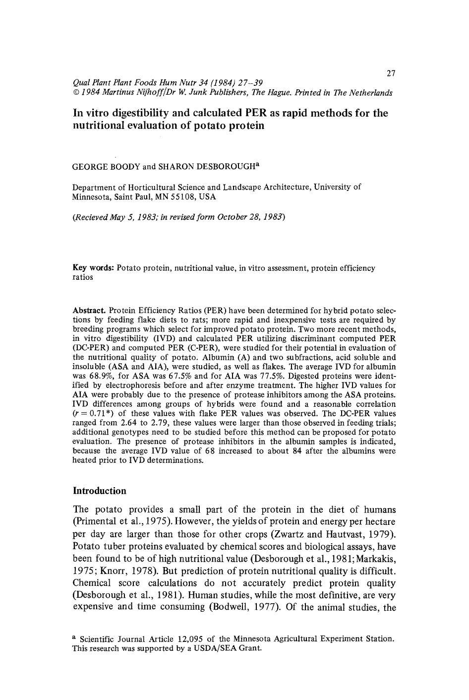 In vitro digestibility and calculated PER as rapid methods for the nutritional evaluation of potato protein by Unknown