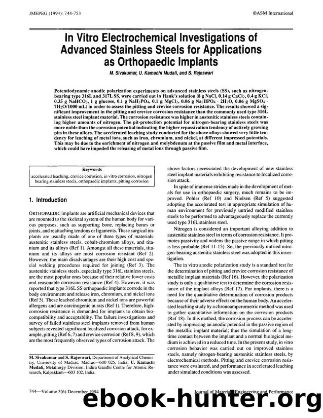 In vitro electrochemical investigations of advanced stainless steels for applications as orthopaedic implants by Unknown