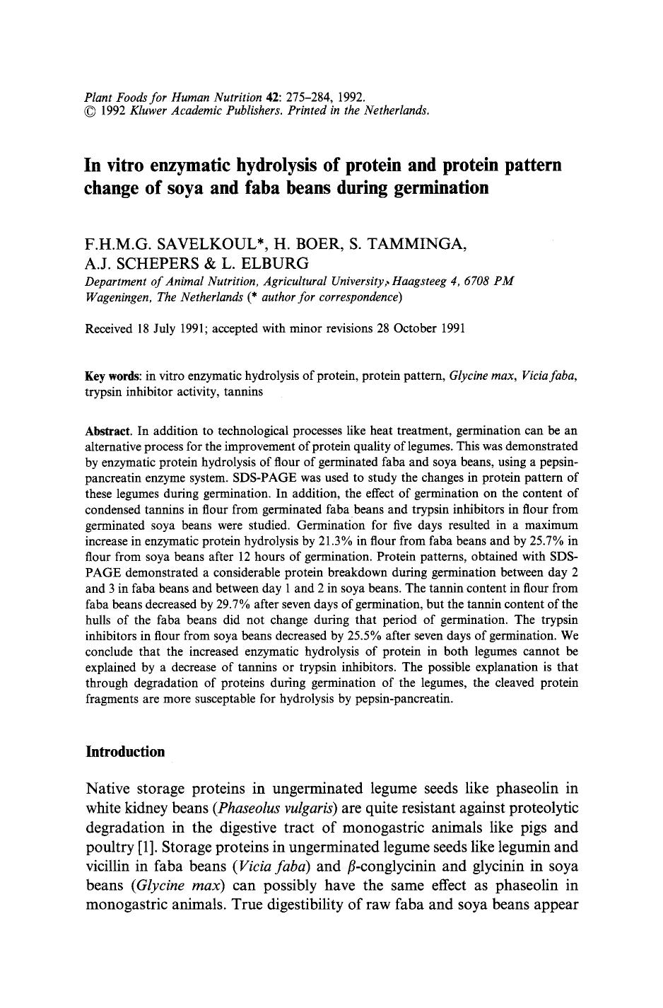 In vitro enzymatic hydrolysis of protein and protein pattern change of soya and faba beans during germination by Unknown