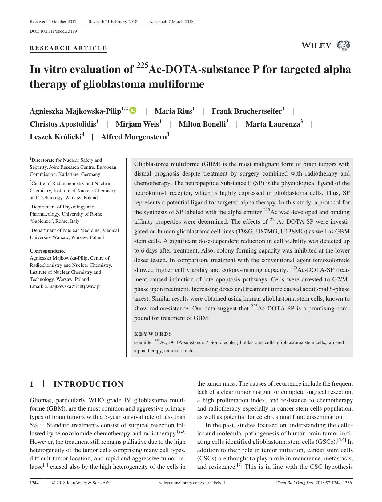In vitro evaluation of 225Ac‐DOTA‐substance P for targeted alpha therapy of glioblastoma multiforme by unknow