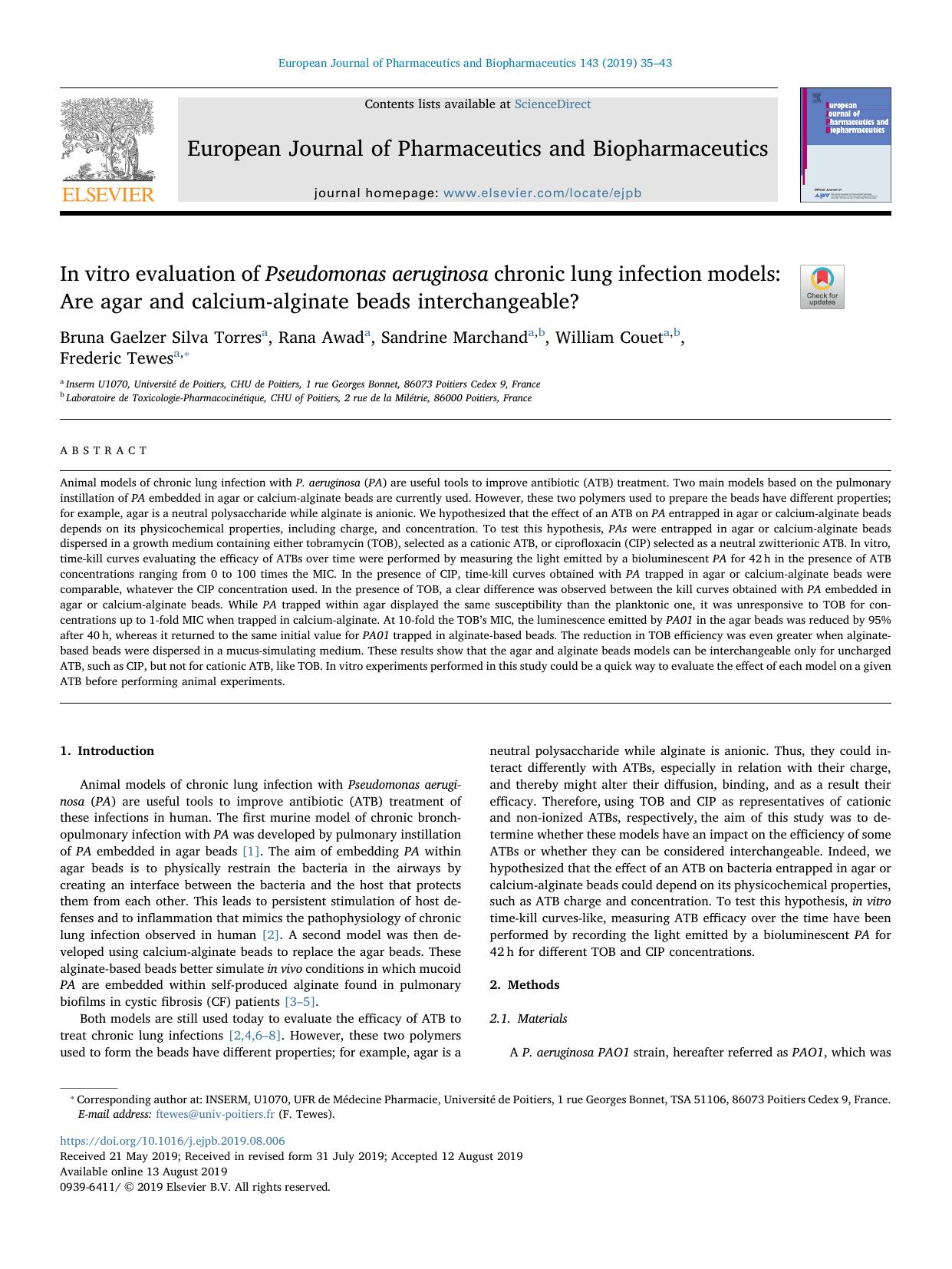 In vitro evaluation of Pseudomonas aeruginosa chronic lung infection models_ Are agar and calcium-alginate beads interchangeable? by Bruna Gaelzer Silva Torres & Rana Awad & Sandrine Marchand & William Couet & Frederic Tewes