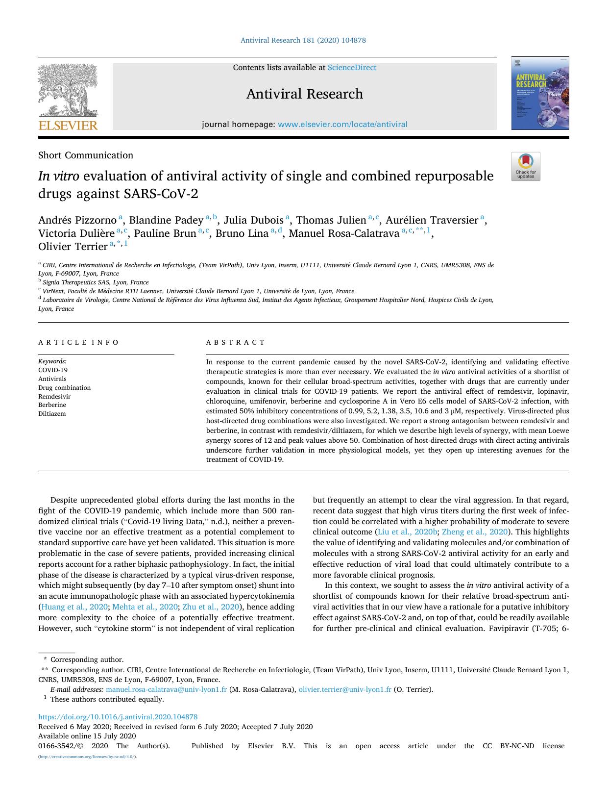 In vitro evaluation of antiviral activity of single and combined repurposable drugs against SARS-CoV-2 by Andrés Pizzorno