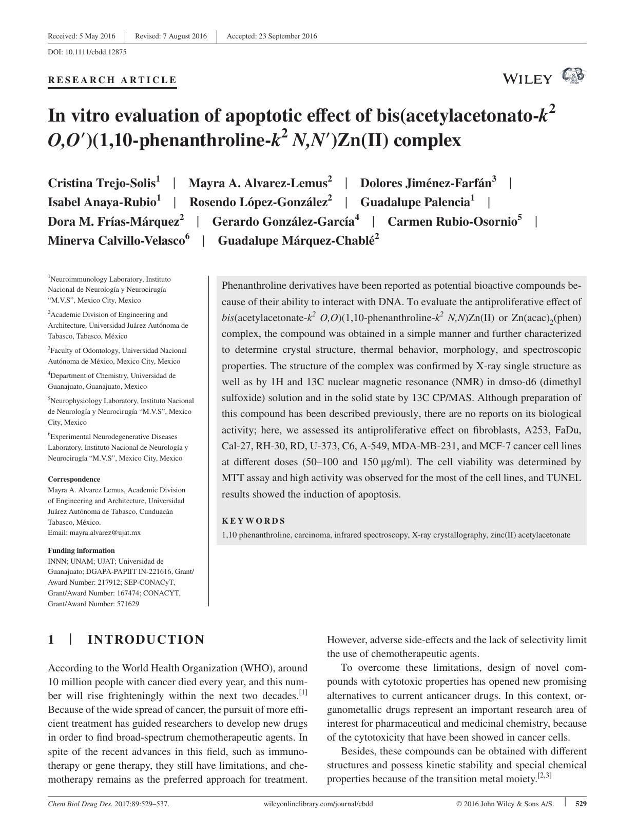 In vitro evaluation of apoptotic effect of bis(acetylacetonato‐k2 O,O′)(1,10‐phenanthroline‐k2 N,N′)Zn(II) complex by unknow
