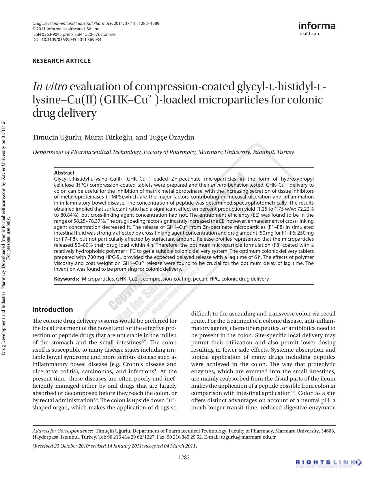 In vitro evaluation of compression-coated glycyl-l-histidyl-l-lysineâCu(II) (GHKâCu2+)-loaded microparticles for colonic drug delivery by Timuçin Uğurlutugurlu@marmara.edu.tr Murat Türkoğlu Tuğçe Özaydın