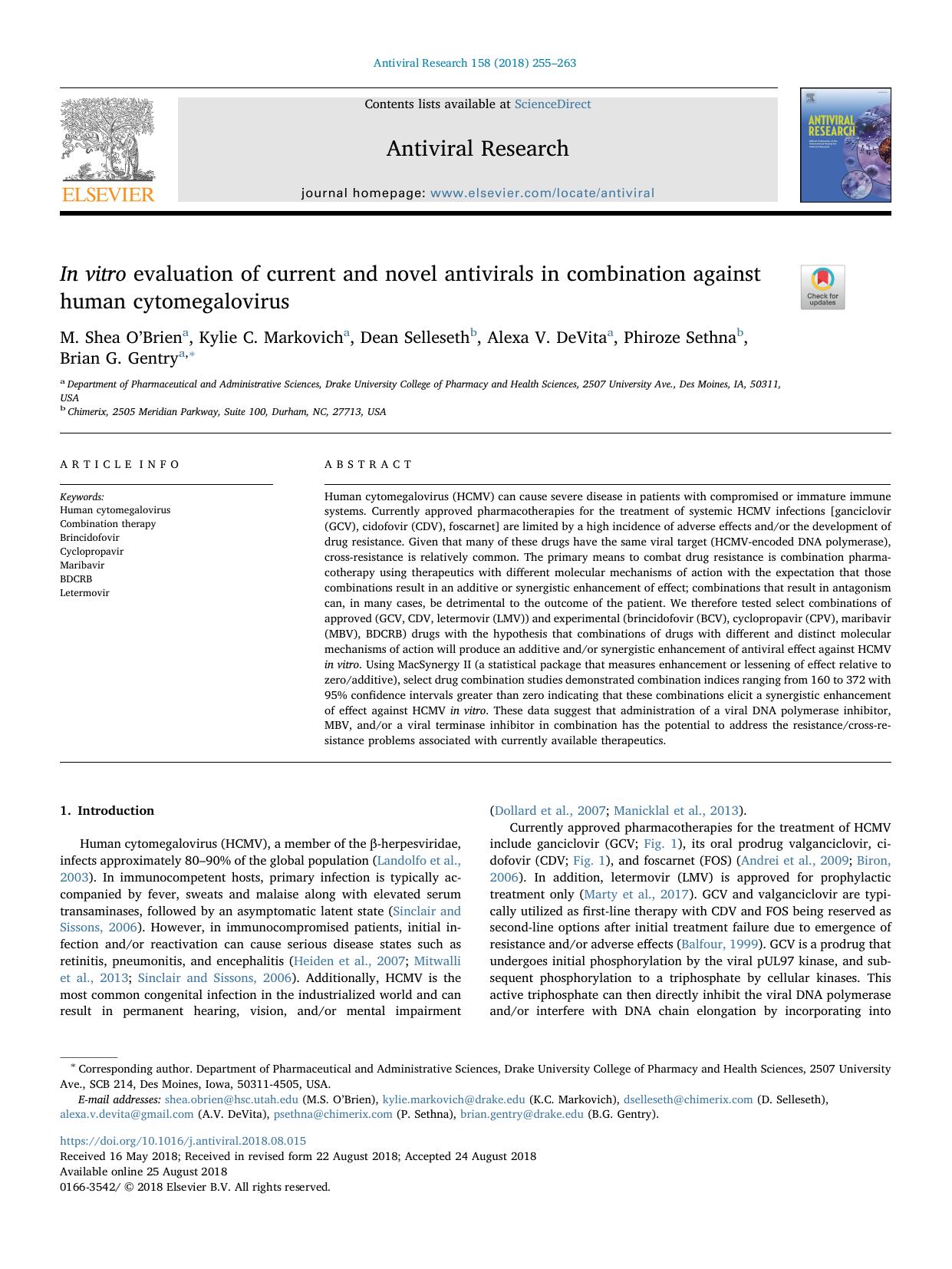 In vitro evaluation of current and novel antivirals in combination against human cytomegalovirus by unknow