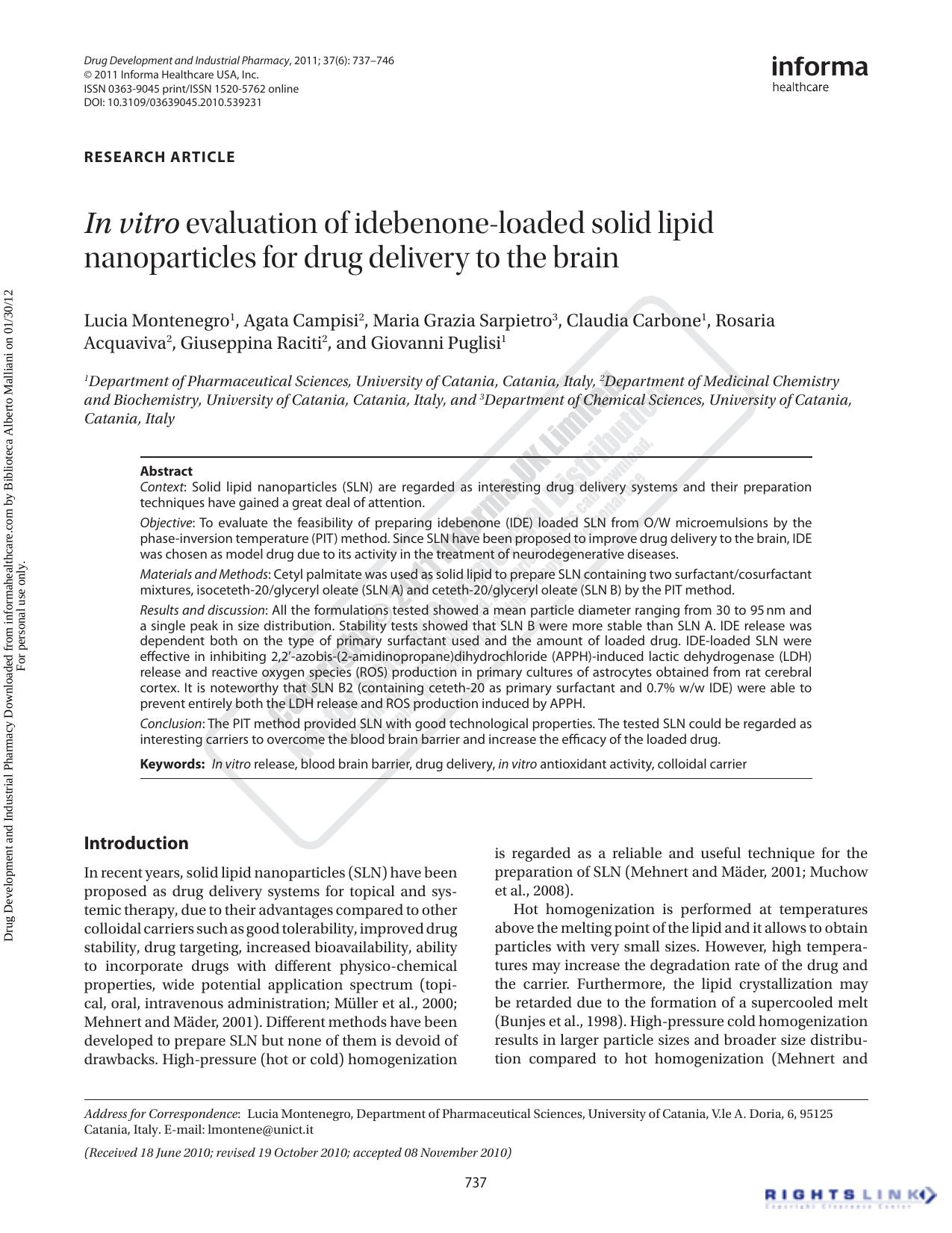 In vitro evaluation of idebenone-loaded solid lipid nanoparticles for drug delivery to the brain by unknow