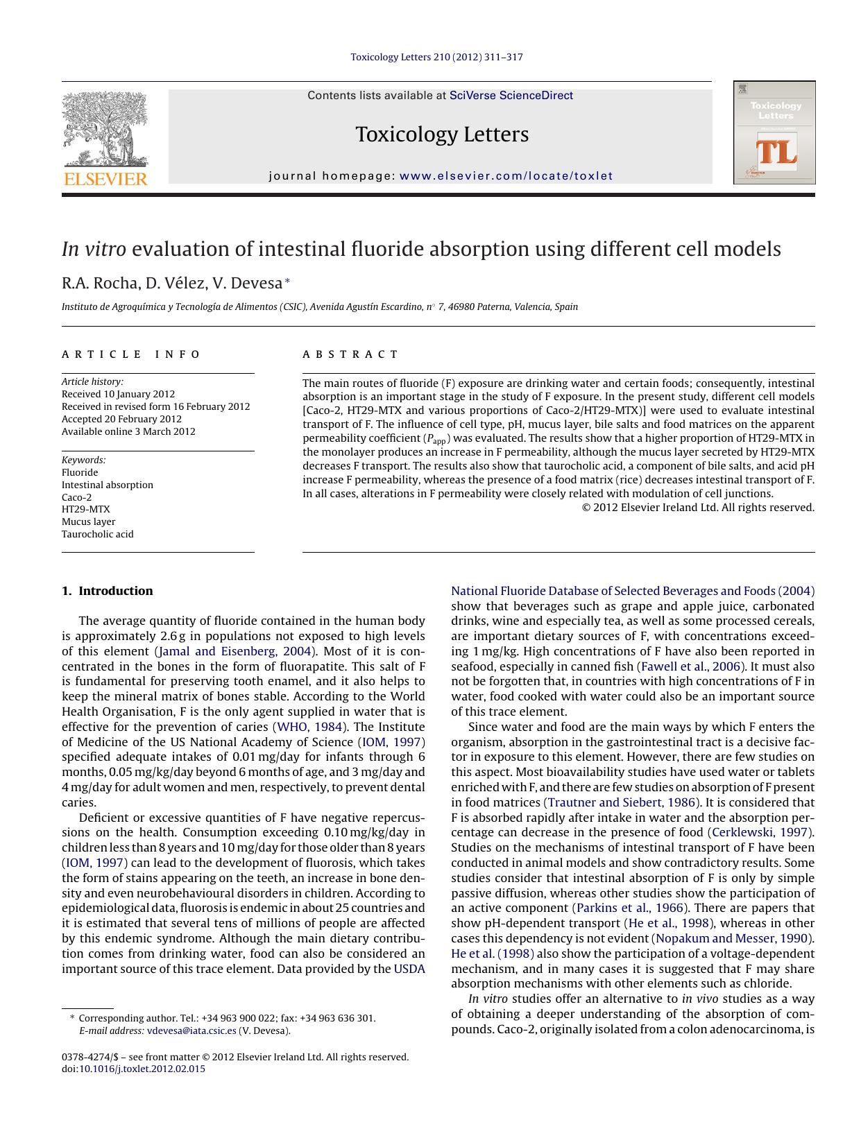 In vitro evaluation of intestinal fluoride absorption using different cell models by R.A. Rocha