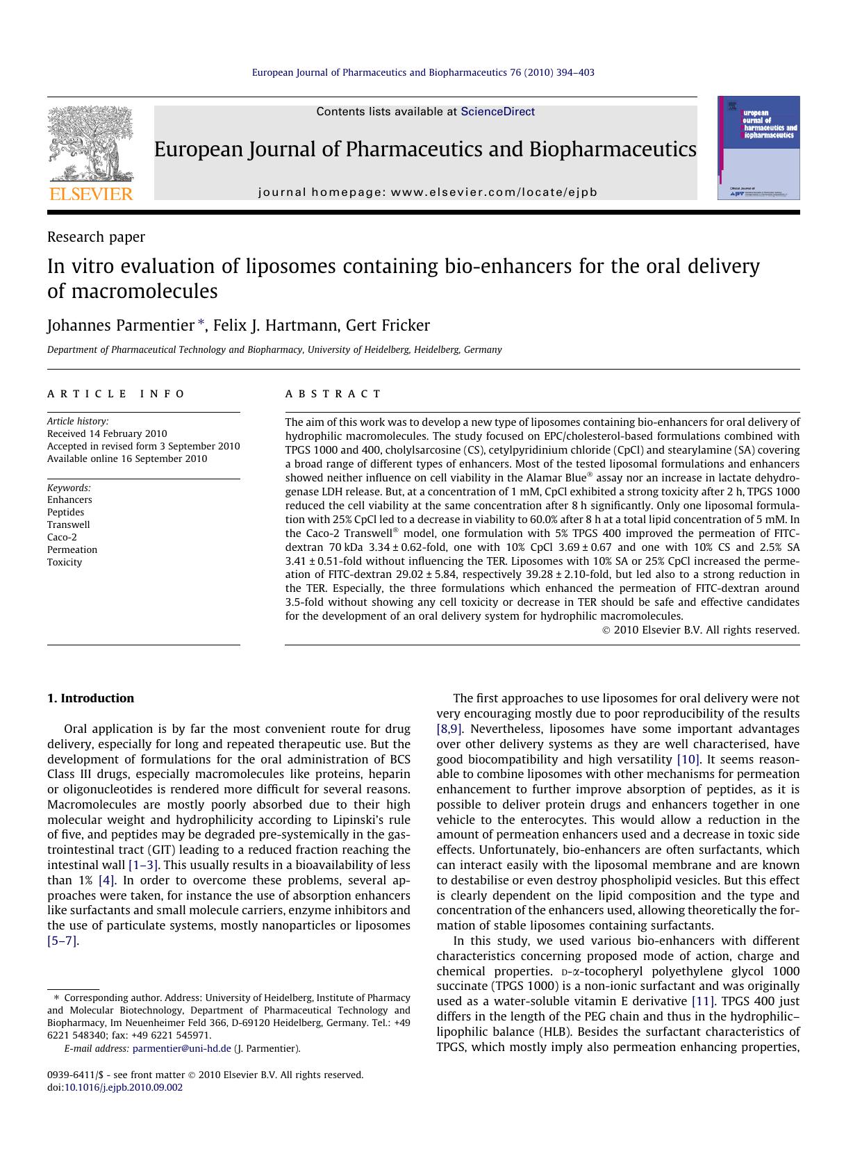 In vitro evaluation of liposomes containing bio-enhancers for the oral delivery of macromolecules by Johannes Parmentier & Felix J. Hartmann & Gert Fricker