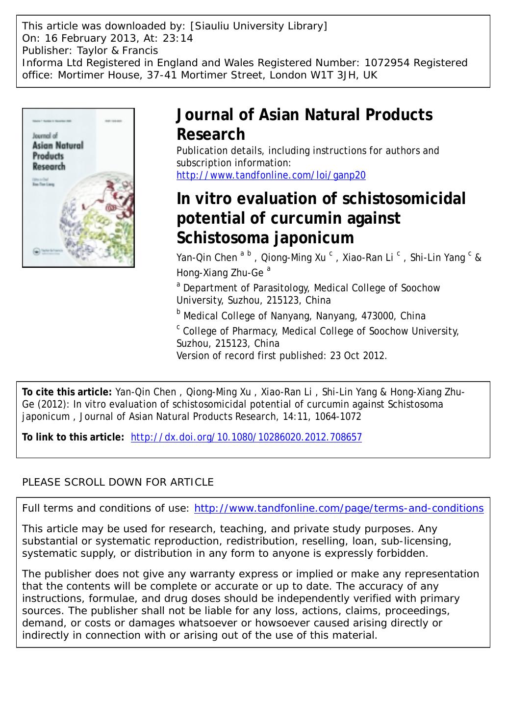 In vitro evaluation of schistosomicidal potential of curcumin against Schistosoma japonicum by Yan-Qin Chen Qiong-Ming Xu Xiao-Ran Li Shi-Lin Yang & Hong-Xiang Zhu-Ge