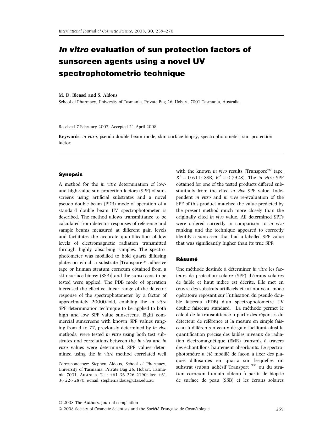 In vitro evaluation of sun protection factors of sunscreen agents using a novel UV spectrophotometric technique by Unknown