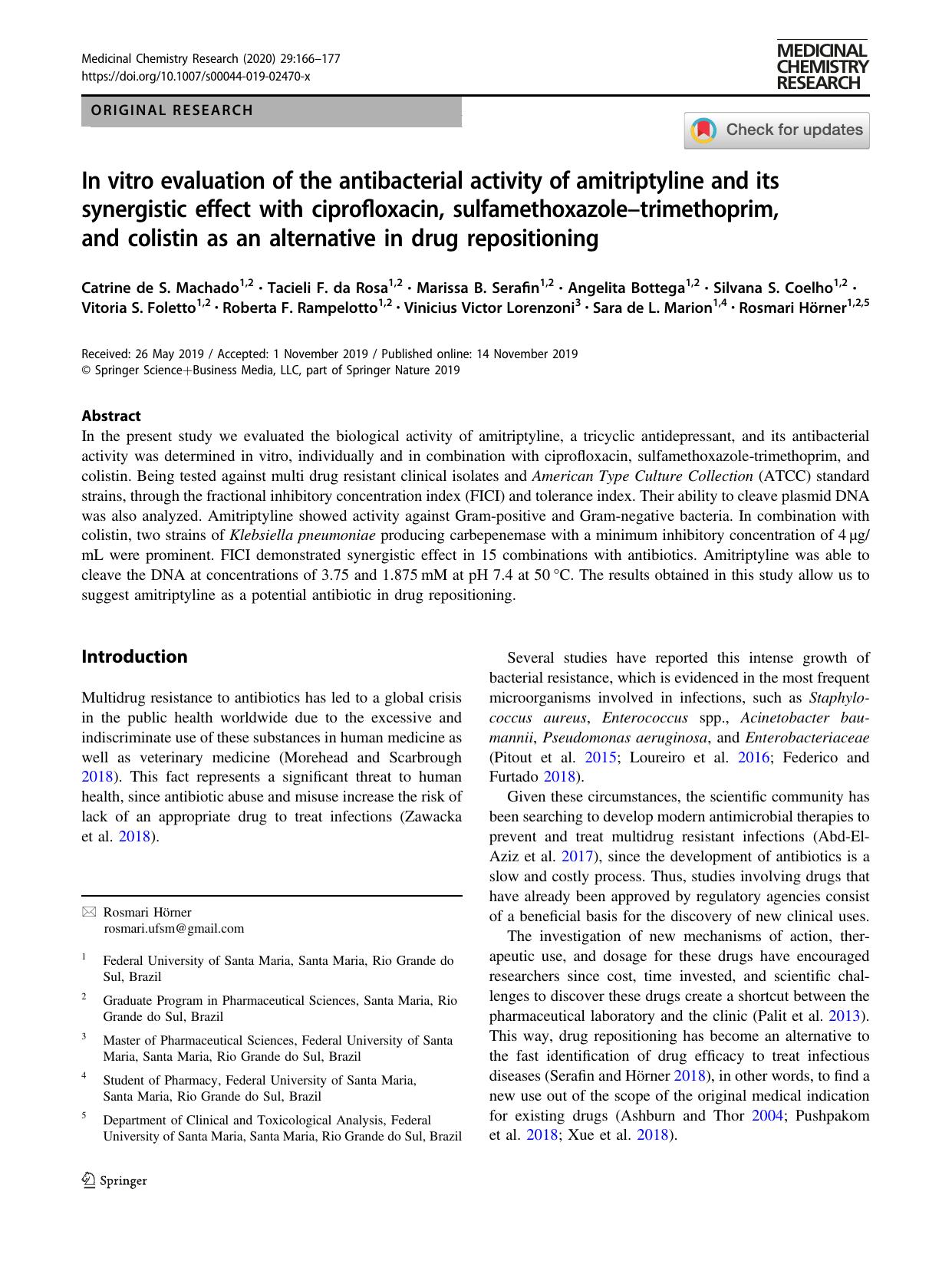 In vitro evaluation of the antibacterial activity of amitriptyline and its synergistic effect with ciprofloxacin, sulfamethoxazoleâtrimethoprim, and colistin as an alternative in drug repositioning by unknow