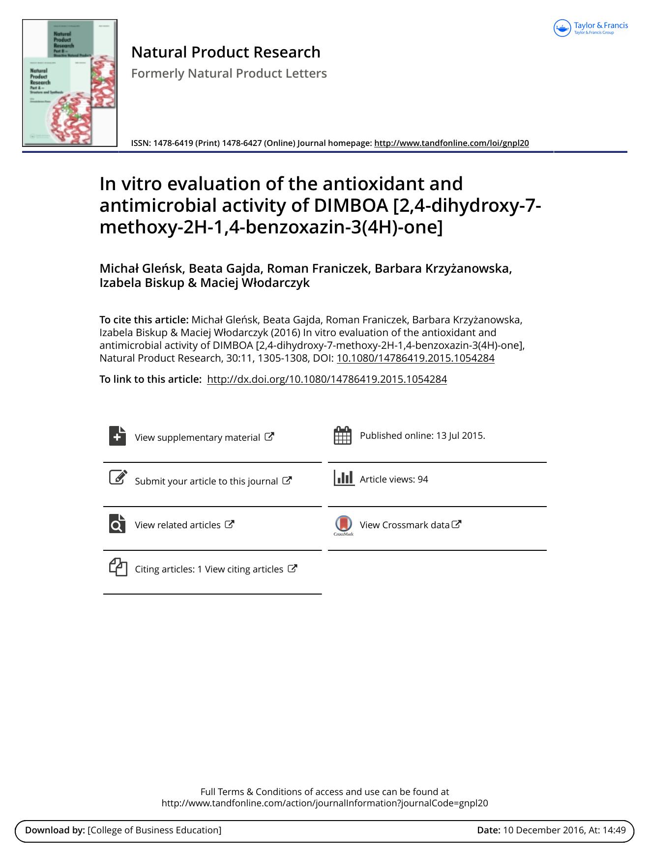 In vitro evaluation of the antioxidant and antimicrobial activity of DIMBOA [2,4-dihydroxy-7-methoxy-2H-1,4-benzoxazin-3(4H)-one] by unknow