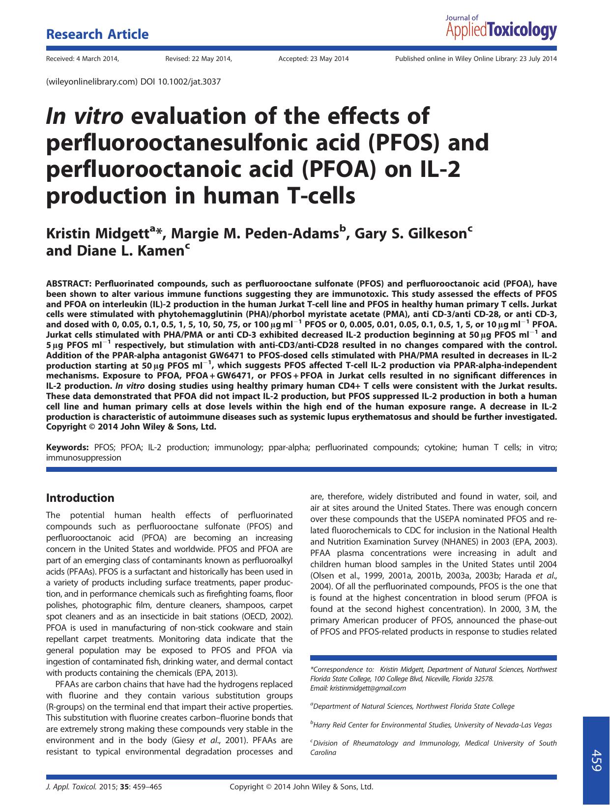 In vitro evaluation of the effects of perfluorooctanesulfonic acid (PFOS) and perfluorooctanoic acid (PFOA) on IL-2 production in human T-cells by Kristin Midgett & Margie M. Peden-Adams & Gary S. Gilkeson & Diane L. Kamen