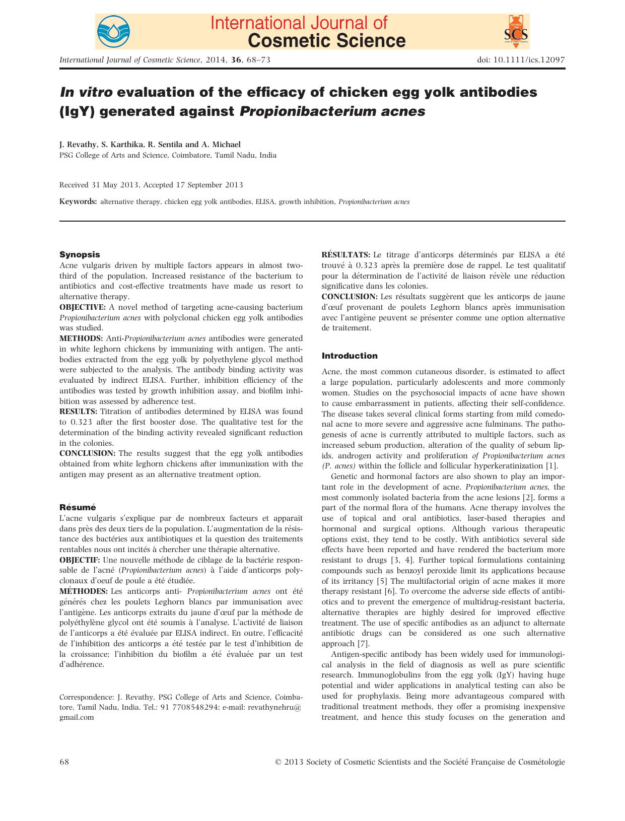 In vitro evaluation of the efficacy of chicken egg yolk antibodies (IgY) generated against Propionibacterium acnes by Unknown