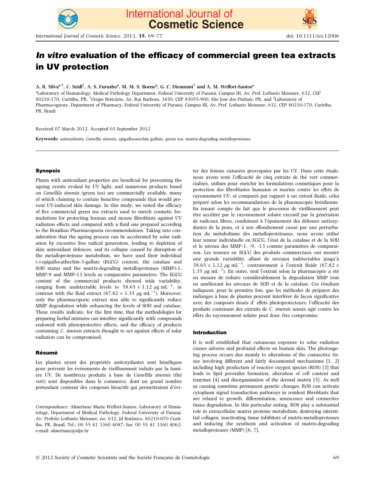 In vitro evaluation of the efficacy of commercial green tea extracts in UV protection by Unknown