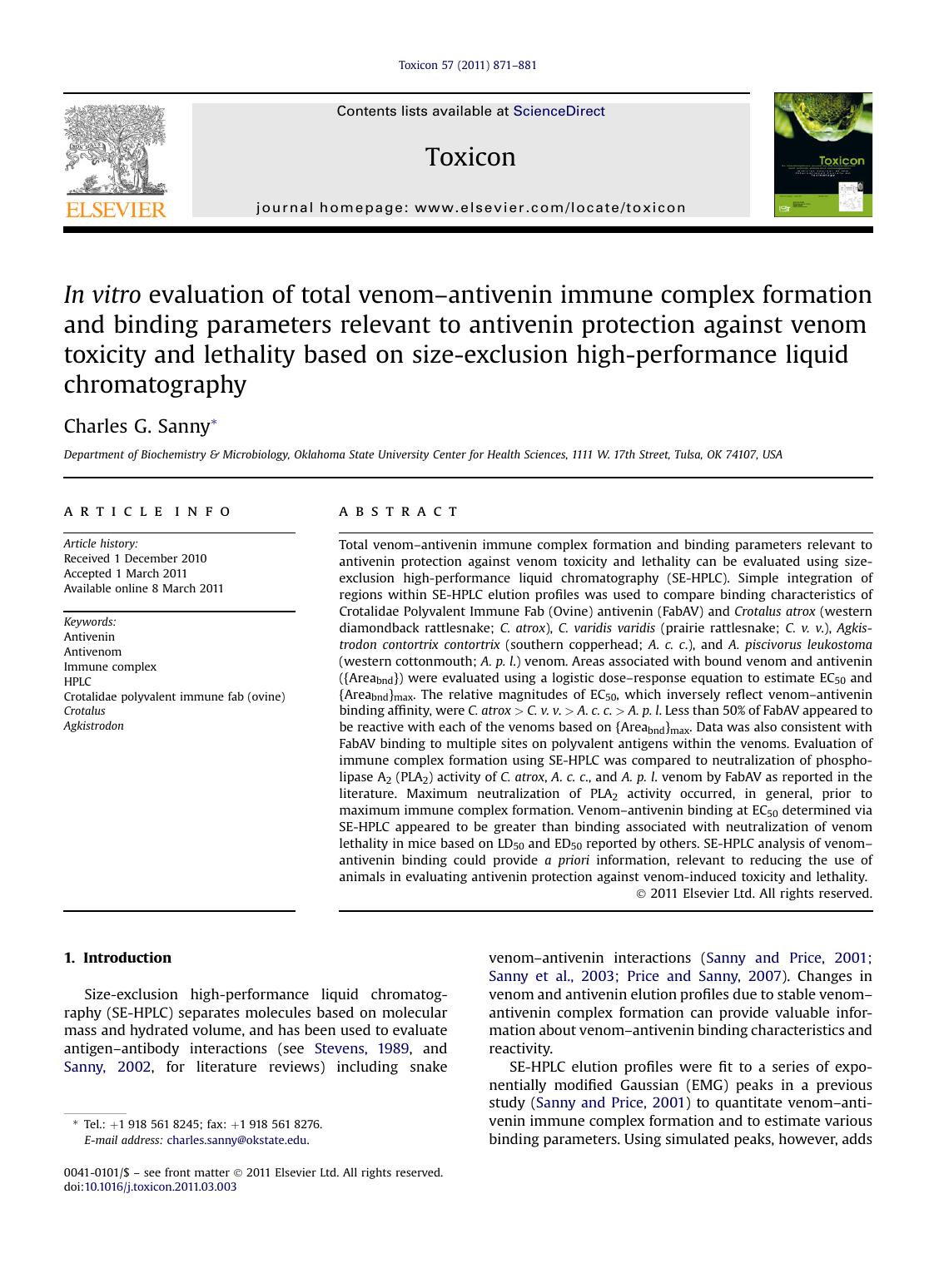 In vitro evaluation of total venom-antivenin immune complex formation and binding parameters relevant to antivenin protection against venom toxicity and lethality based on size-exc by Charles G. Sanny