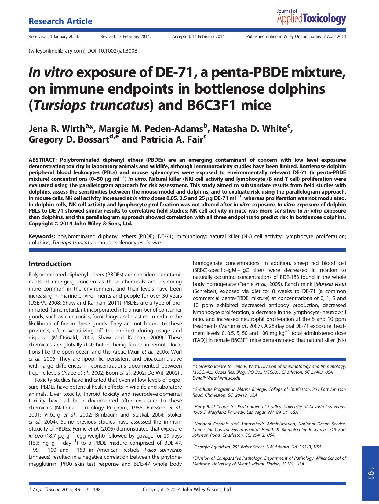 In vitro exposure of DE-71, a penta-PBDE mixture, on immune endpoints in bottlenose dolphins (Tursiops truncatus) and B6C3F1 mice by Jena R. Wirth & Margie M. Peden-Adams & Natasha D. White & Gregory D. Bossart & Patricia A. Fair