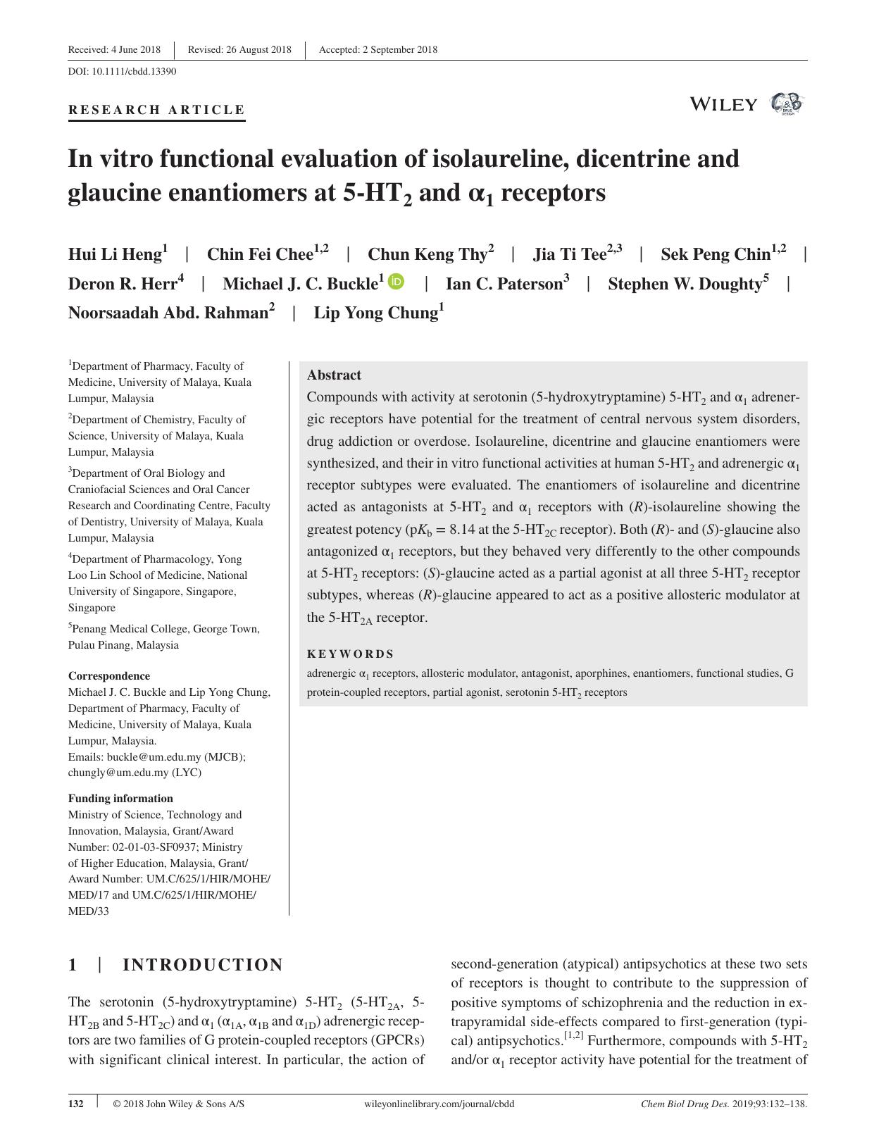 In vitro functional evaluation of isolaureline, dicentrine and glaucine enantiomers at 5‐HT2 and α1 receptors by unknow