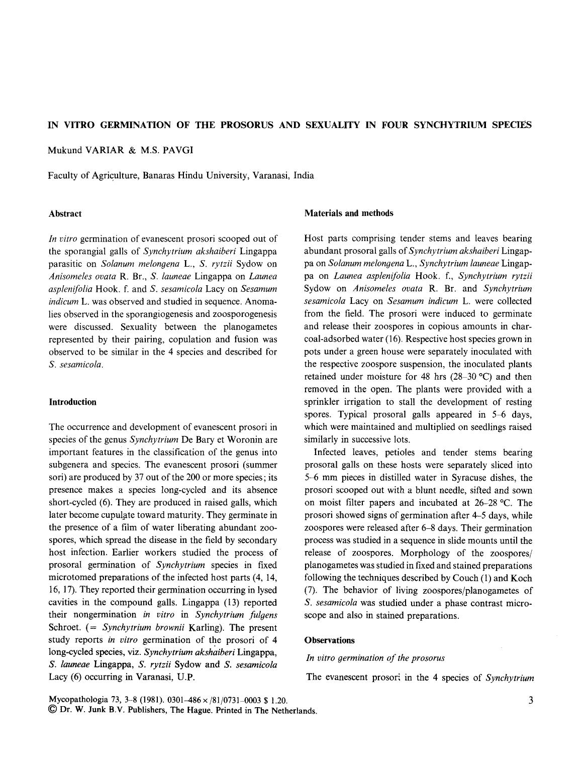 In vitro germination of the prosorus and sexuality in four synchytrium species by Unknown
