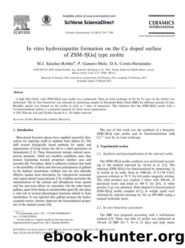 In vitro hydroxiapatite formation on the Ca doped surface of ZSM-5[Ga] type zeolite by M.J. Sánchez-Robles & P. Gamero-Melo & D.A. Cortés-Hernández