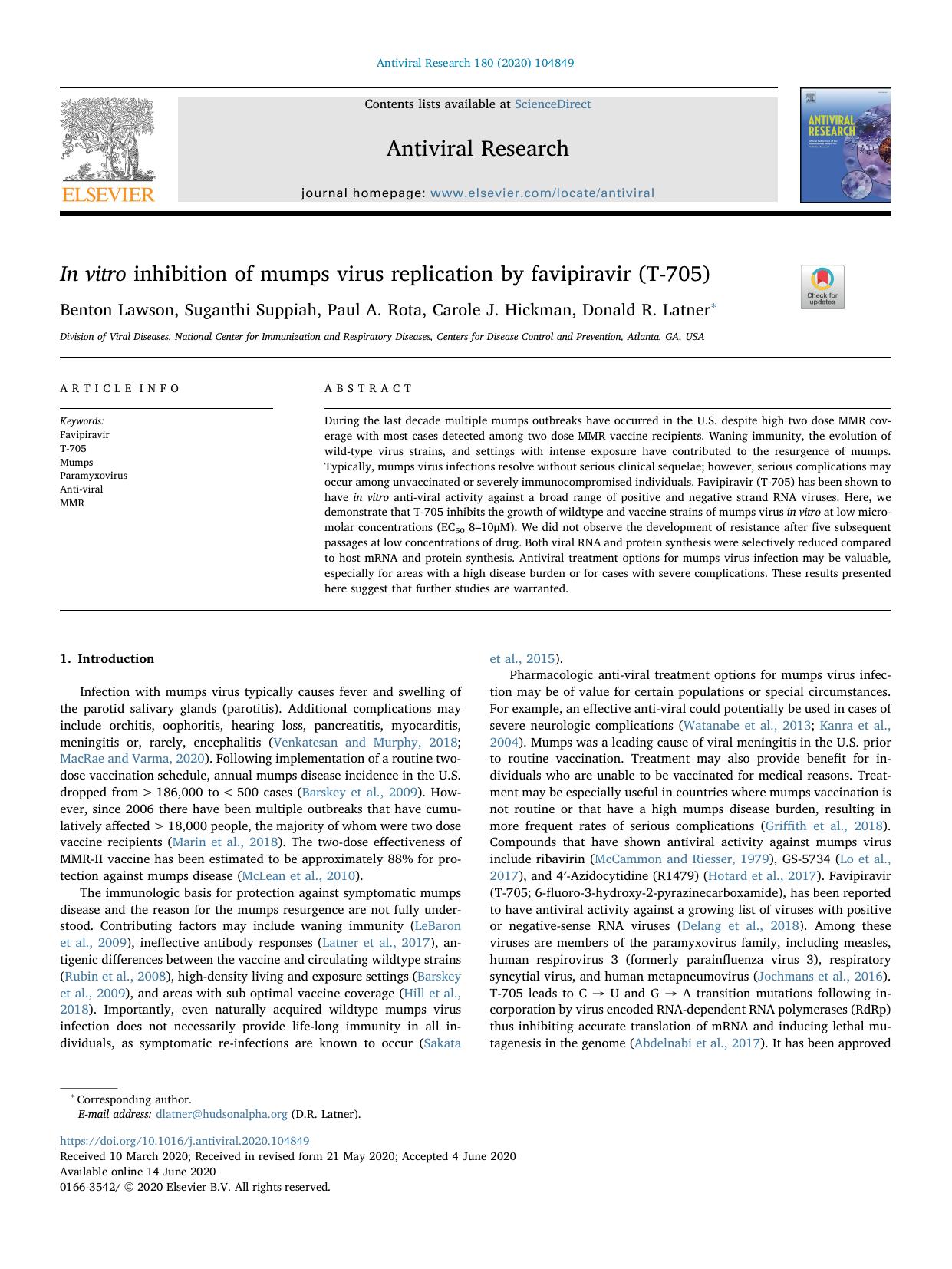 In vitro inhibition of mumps virus replication by favipiravir (T-705) by Benton Lawson & Suganthi Suppiah & Paul A. Rota & Carole J. Hickman & Donald R. Latner