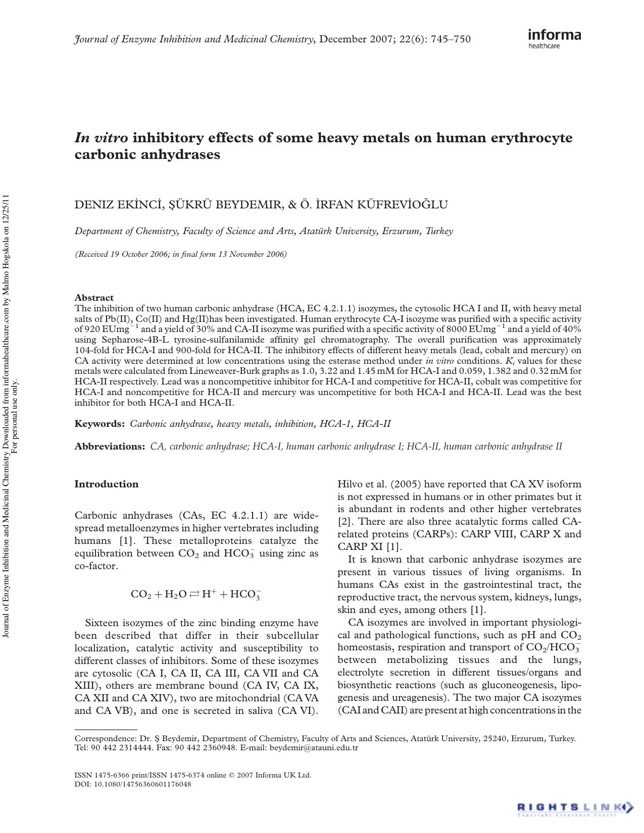 In vitro inhibitory effects of some heavy metals on human erythrocyte carbonic anhydrases by Deniz Ekİncİ Şükrü Beydemir & Ö. İrfan Küfrevİoğlu