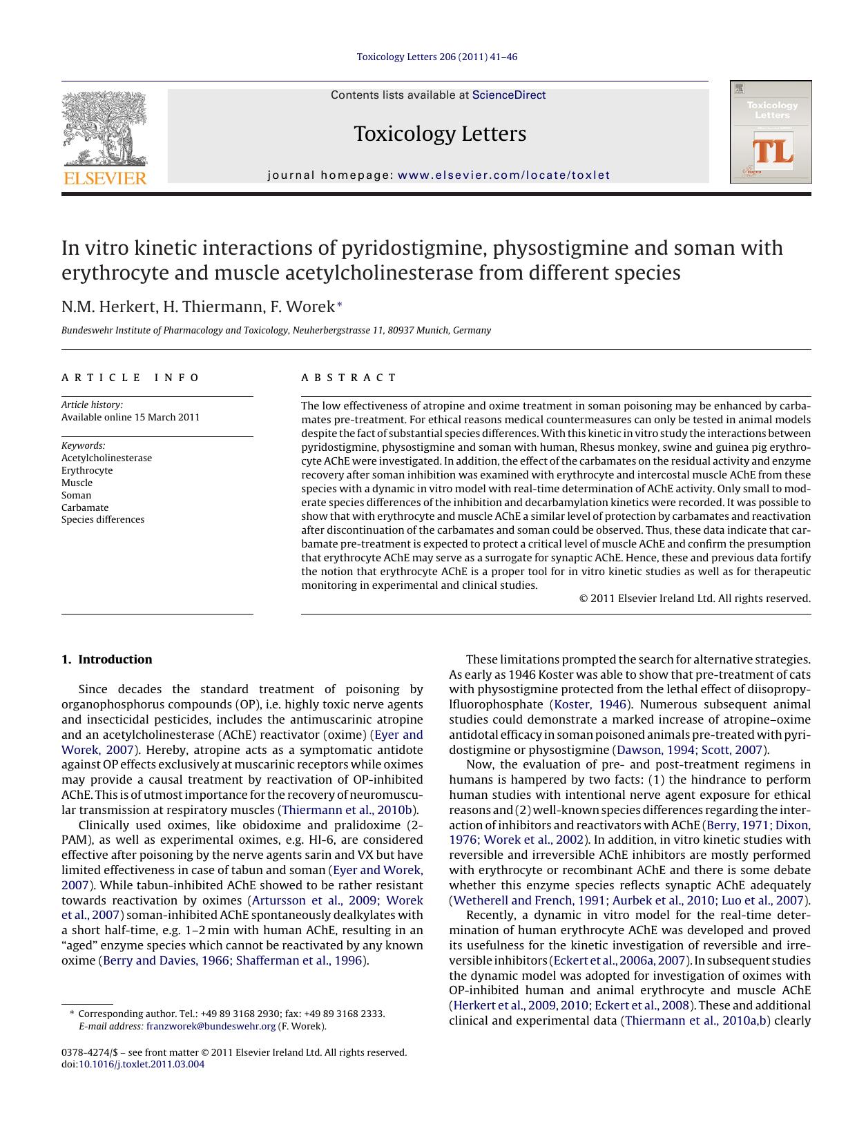 In vitro kinetic interactions of pyridostigmine, physostigmine and soman with erythrocyte and muscle acetylcholinesterase from different species by N.M. Herkert