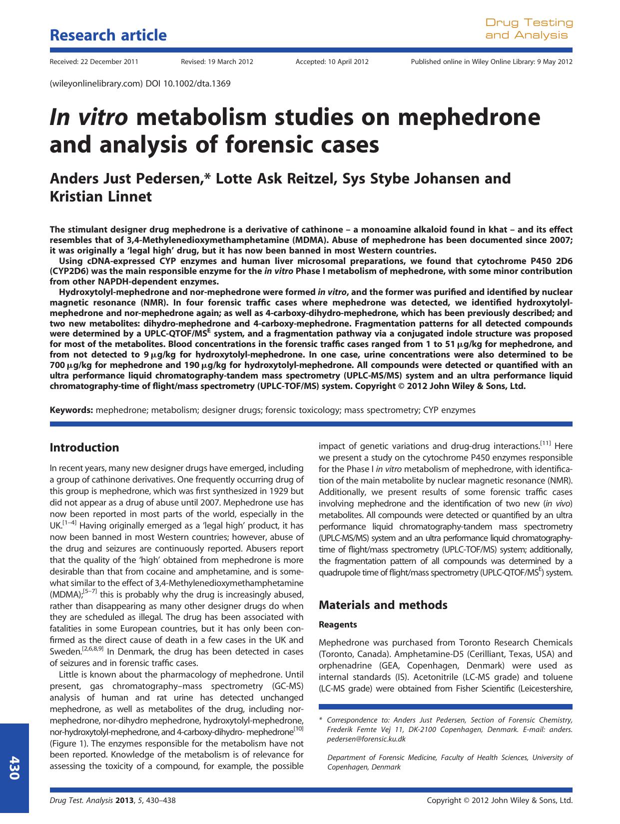 In vitro metabolism studies on mephedrone and analysis of forensic cases by Unknown