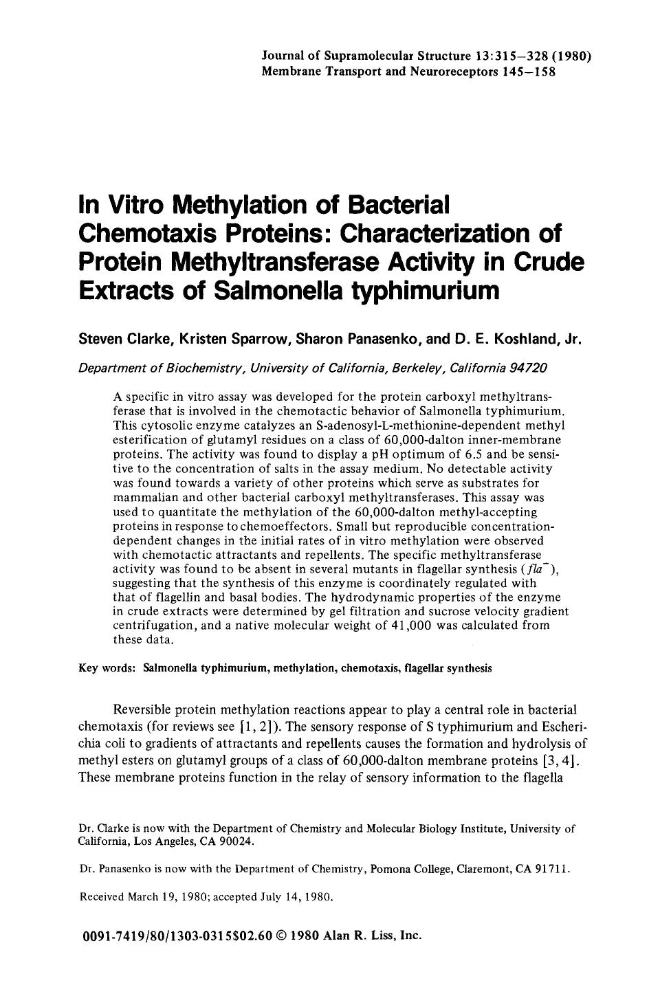 In vitro methylation of bacterial chemotaxis proteins: Characterization of protein methyltransferase activity in crude extracts of salmonella typhimurium by Unknown