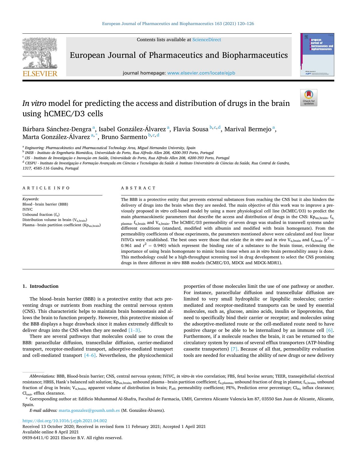 In vitro model for predicting the access and distribution of drugs in the brain using hCMECD3 cells by unknow