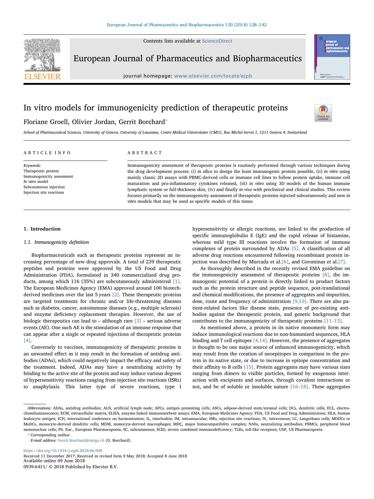 In vitro models for immunogenicity prediction of therapeutic proteins by Floriane Groell & Olivier Jordan & Gerrit Borchard
