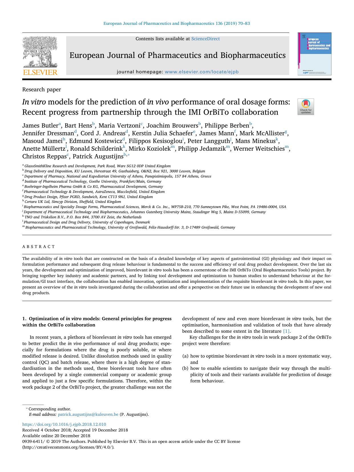 In vitro models for the prediction of in vivo performance of oral dosage forms_ Recent progress from partnership through the IMI OrBiTo collaboration by unknow