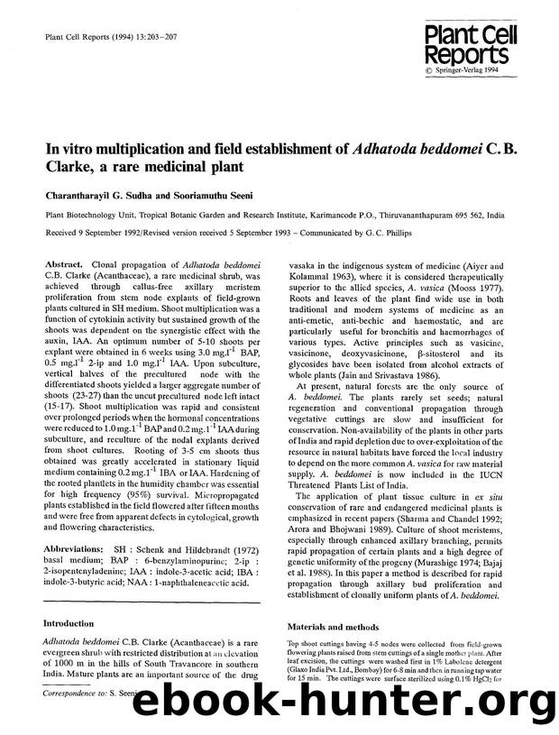 In vitro multiplication and field establishment of <Emphasis Type="Italic">Adhatoda beddomei<Emphasis> C. B. Clarke, a rare medicinal plant by Unknown