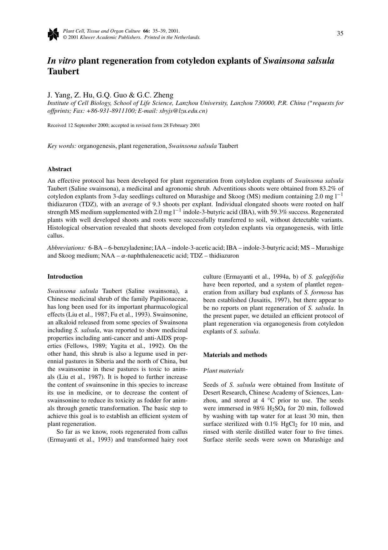 In vitro plant regeneration from cotyledon explants of Swainsona salsula Taubert by Unknown