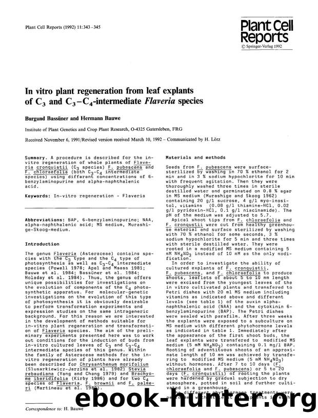 In vitro plant regeneration from leaf explants of C<Subscript>3<Subscript> and C<Subscript>3<Subscript>-C<Subscript>4<Subscript>-intermediate Flaveria species by Unknown