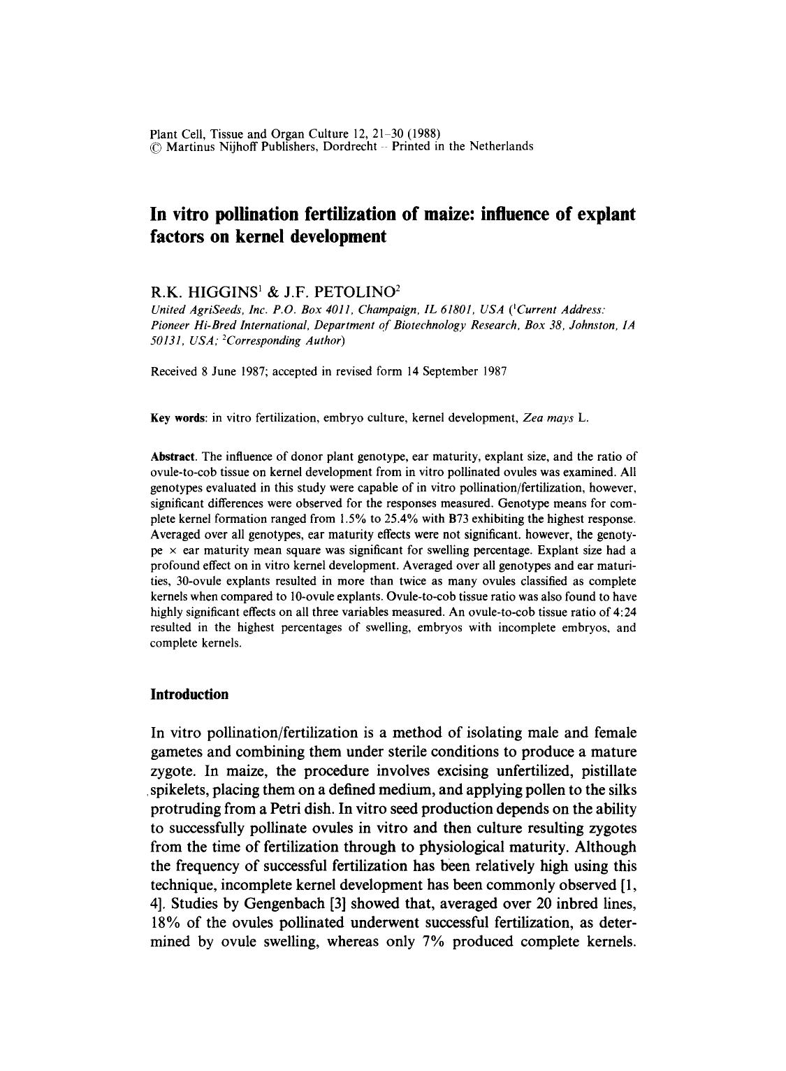 In vitro pollination fertilization of maize: influence of explant factors on kernel development by Unknown