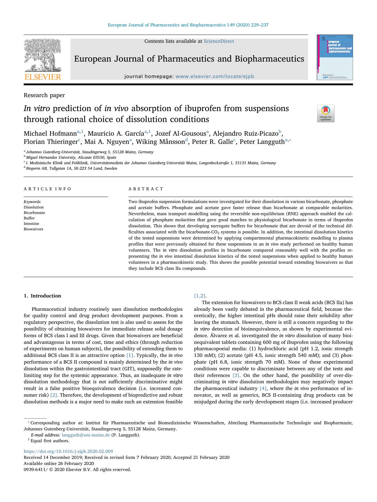 In vitro prediction of in vivo absorption of ibuprofen from suspensions through rational choice of dissolution conditions by unknow